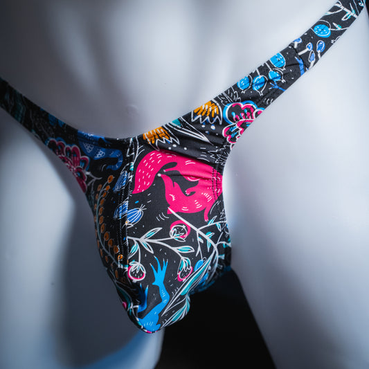 Men's thong underwear, slim cut, angled front view.