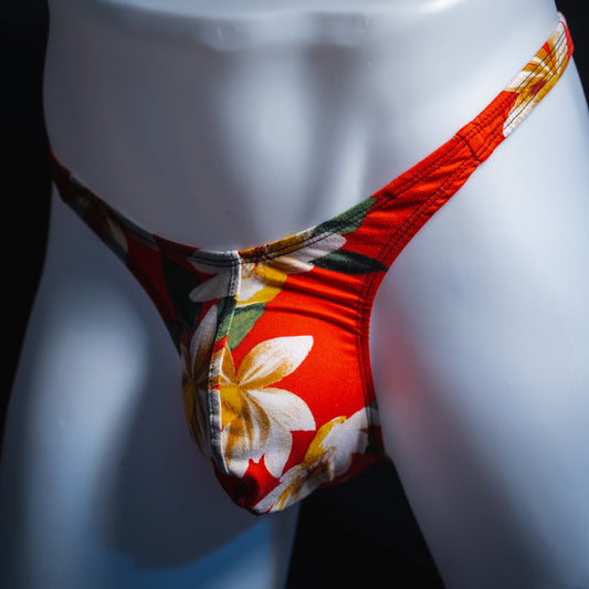 handmade mens thong underwear, red floral print, soft polyester material, slim cut variation, angled front view