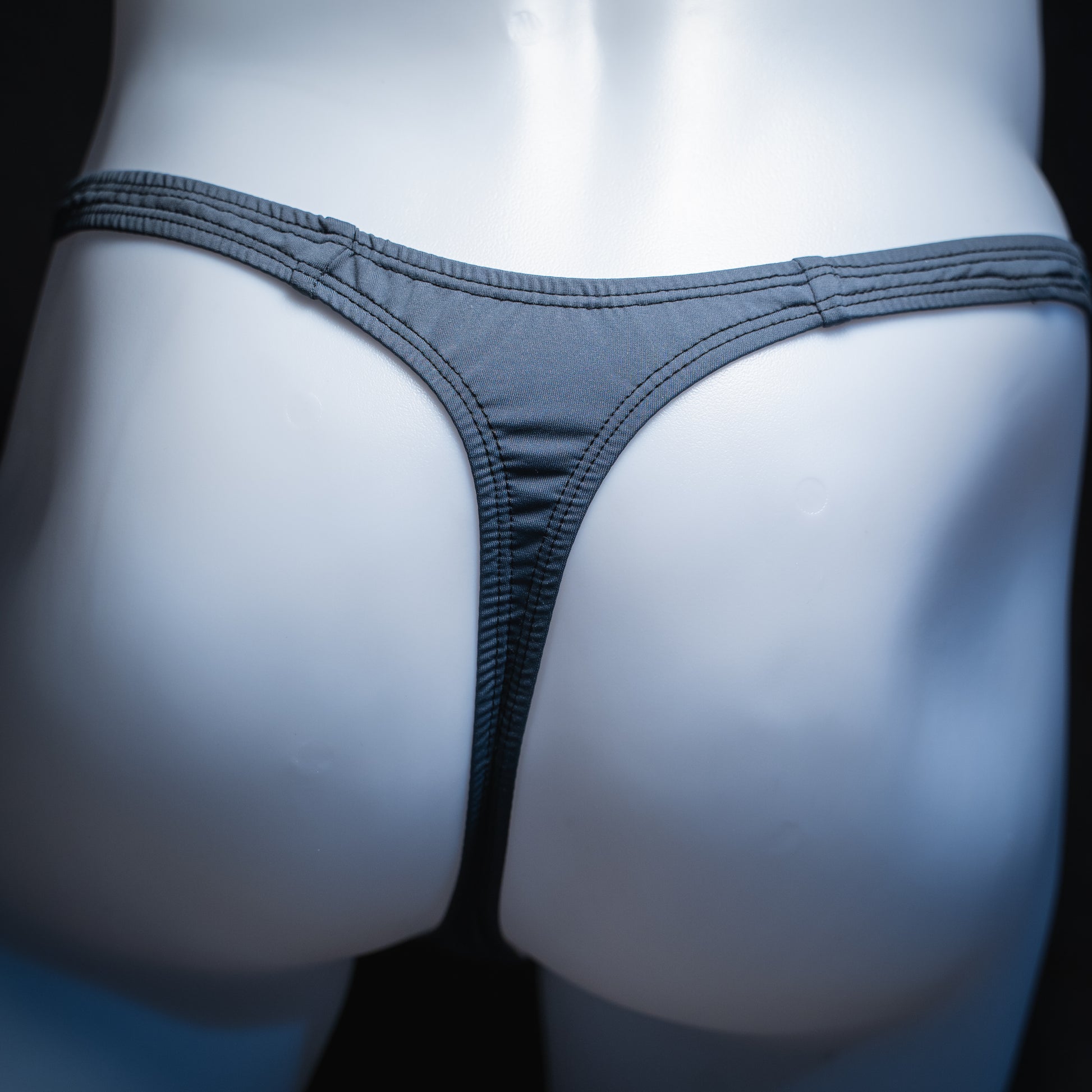 handmade mens thong underwear, solid gray print, spandex material, classic cut variation, back view