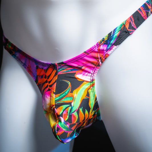 Mens Thong Underwear - Bright Tropical Floral Spandex