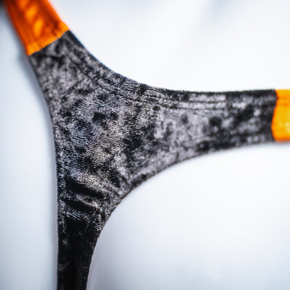 Men's velvet Halloween thong, slim cut, closeup rear view.