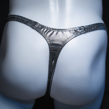 Men's metallic dark silver thong, slim cut, rear view.