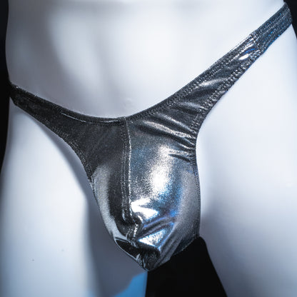 Men's metallic dark silver thong, slim cut, angled front view.