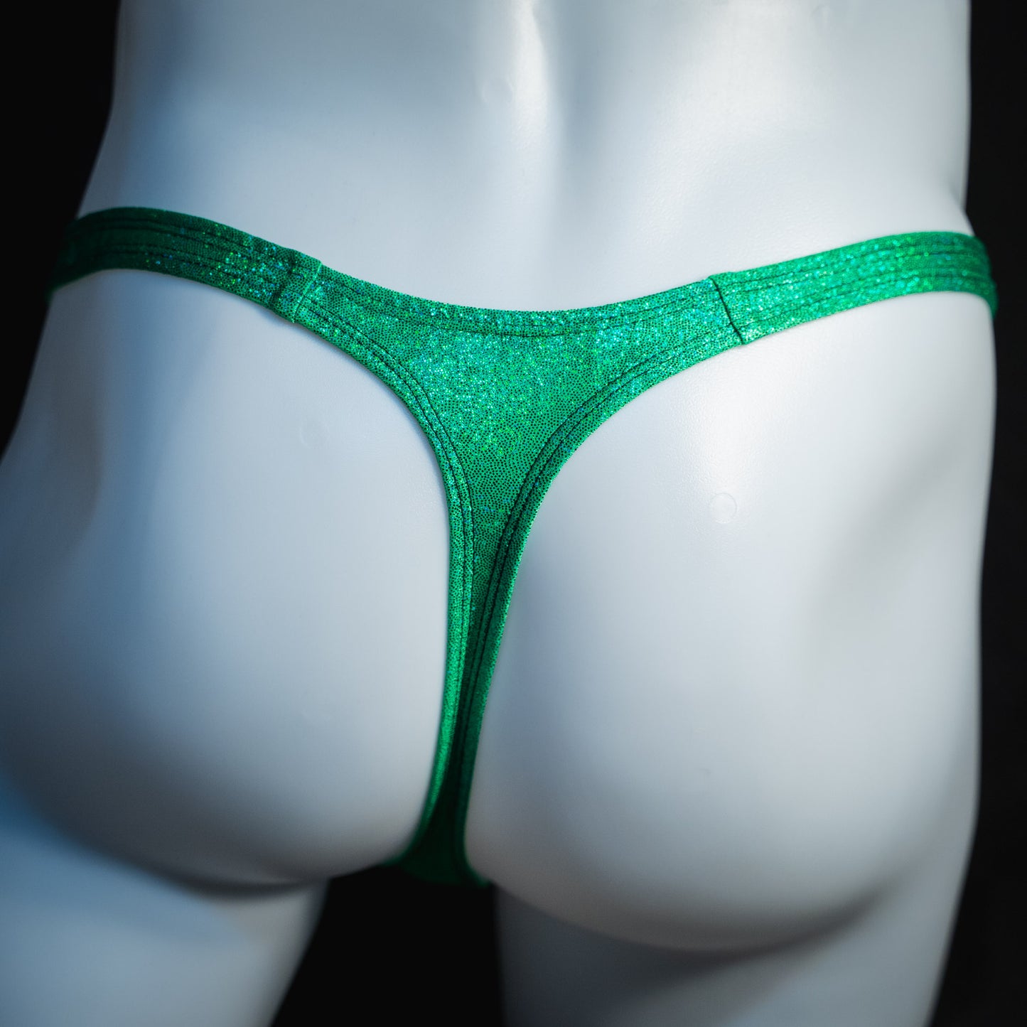 handmade mens thong underwear, green dragon metallic material, slim cut variation, back view