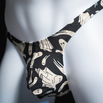 Men's thong underwear, halloween ghosts print, polyester, handmade, slim cut, angled front view