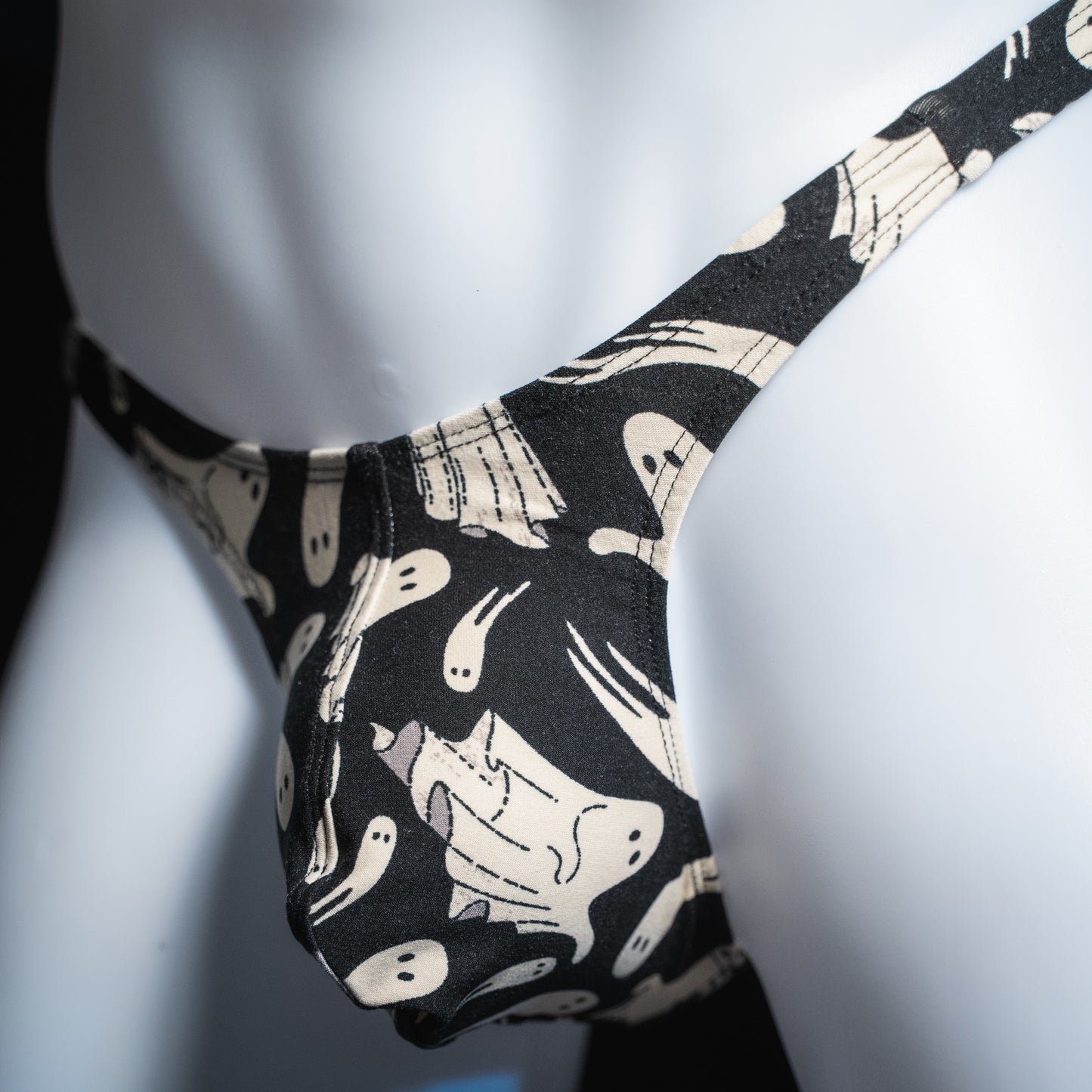 Men's thong underwear, halloween ghosts print, polyester, handmade, slim cut, angled front view