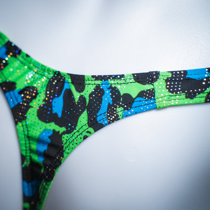 Men's metallic green cheetah thong, slim cut, closeup rear view.