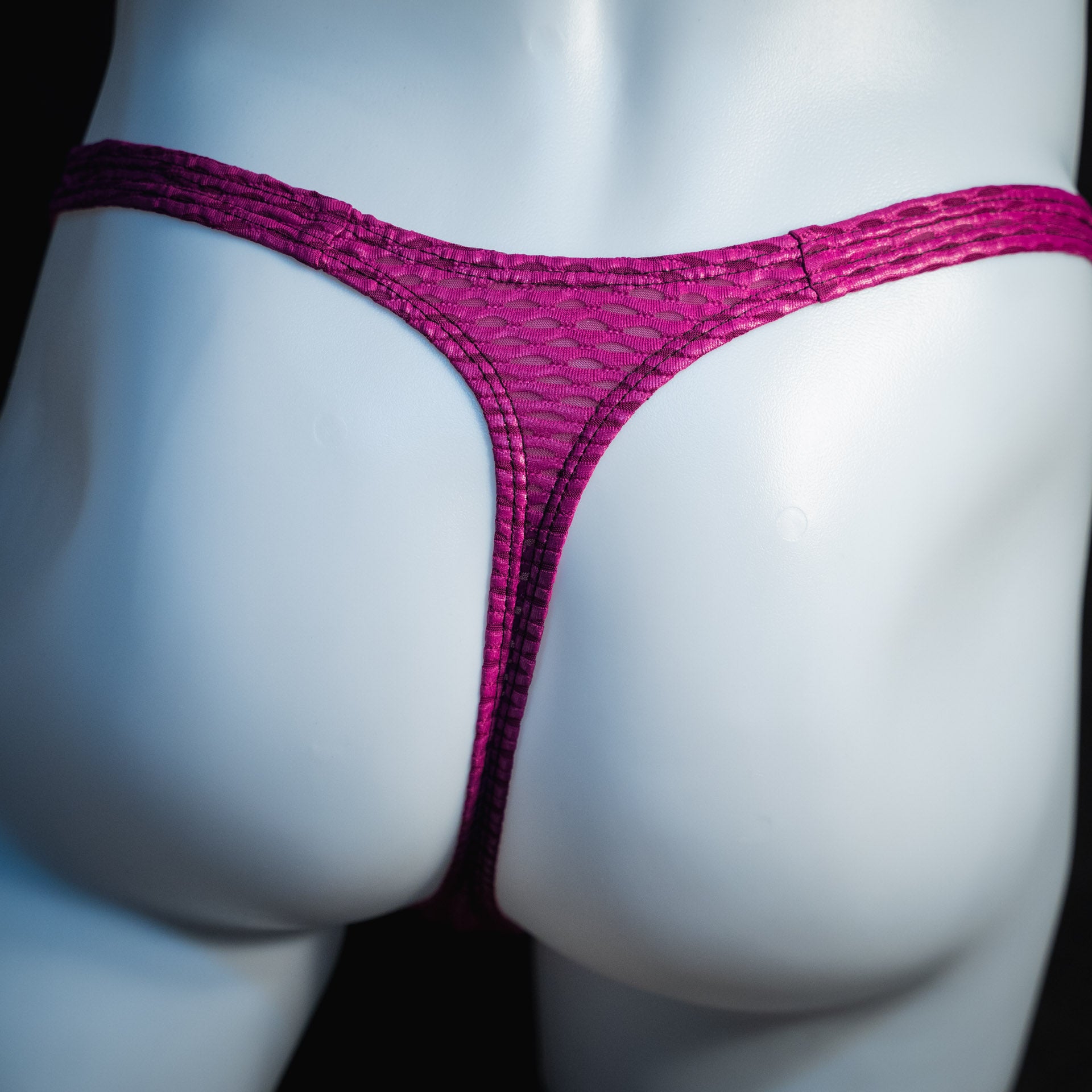 handmade mens thong underwear, plump purple print, yoga mesh material, classic cut variation, back view