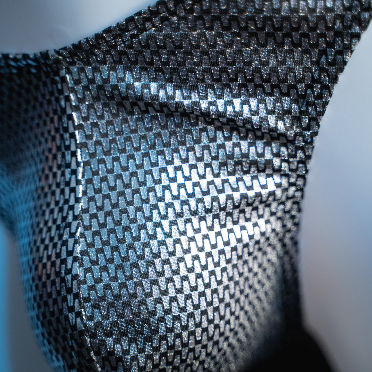 handmade mens thong underwear, silver metallic chains print, classic cut variation, spandex material, closeup front view