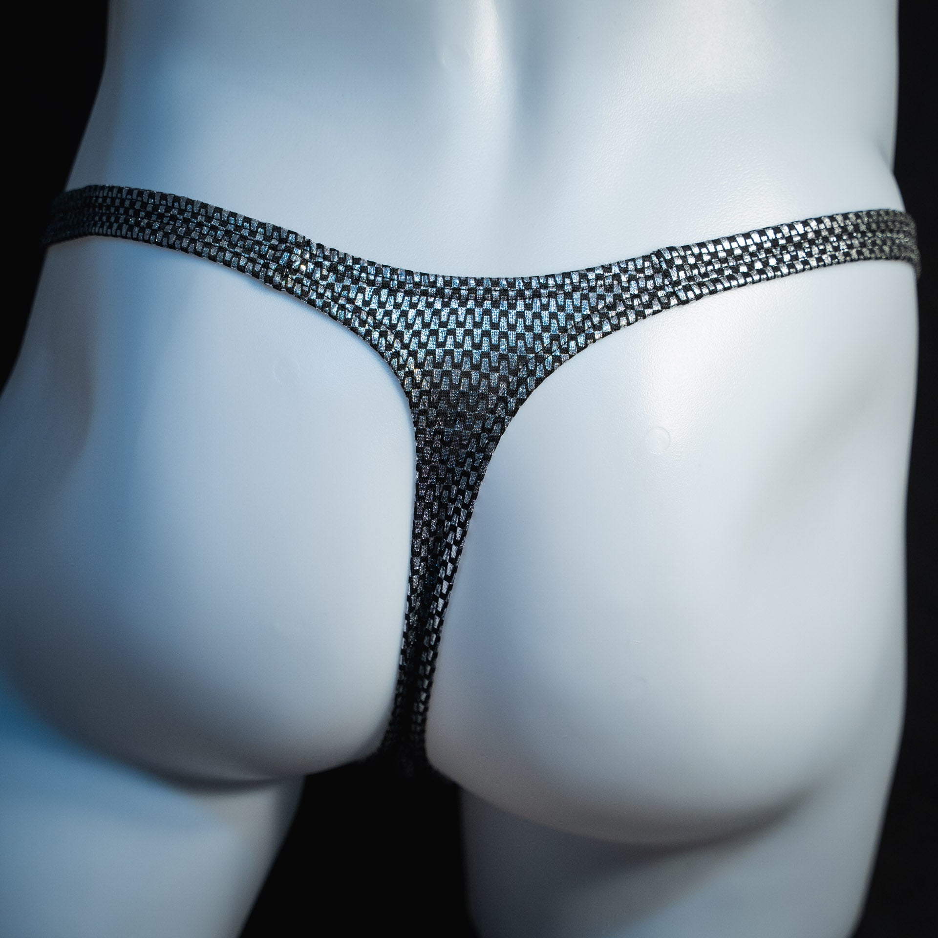 handmade mens thong underwear, silver metallic chains print, classic cut variation, spandex material, back view
