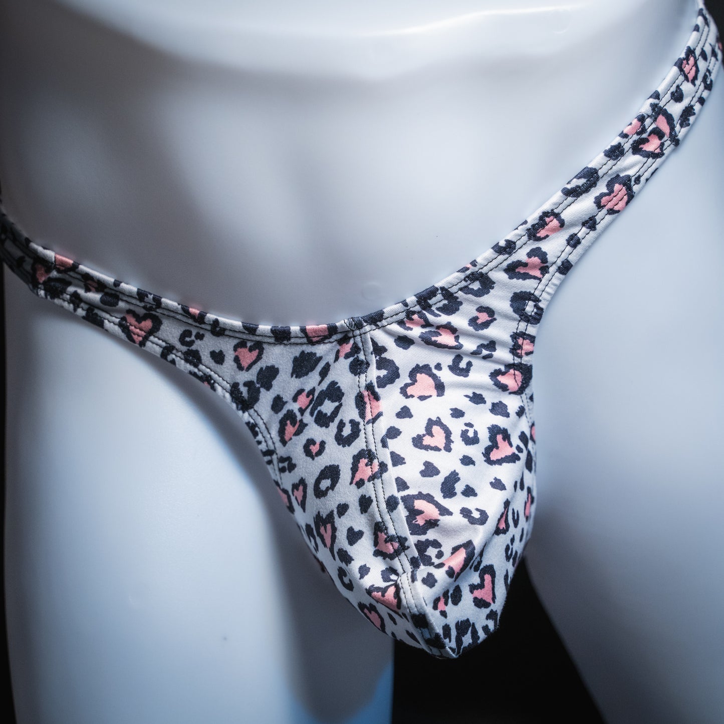 Mens Thong Underwear - White with Pink Hearts Cheetah