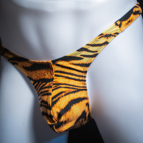 handmade mens thong underwear, tiger stripe print, soft polyester, offset front view