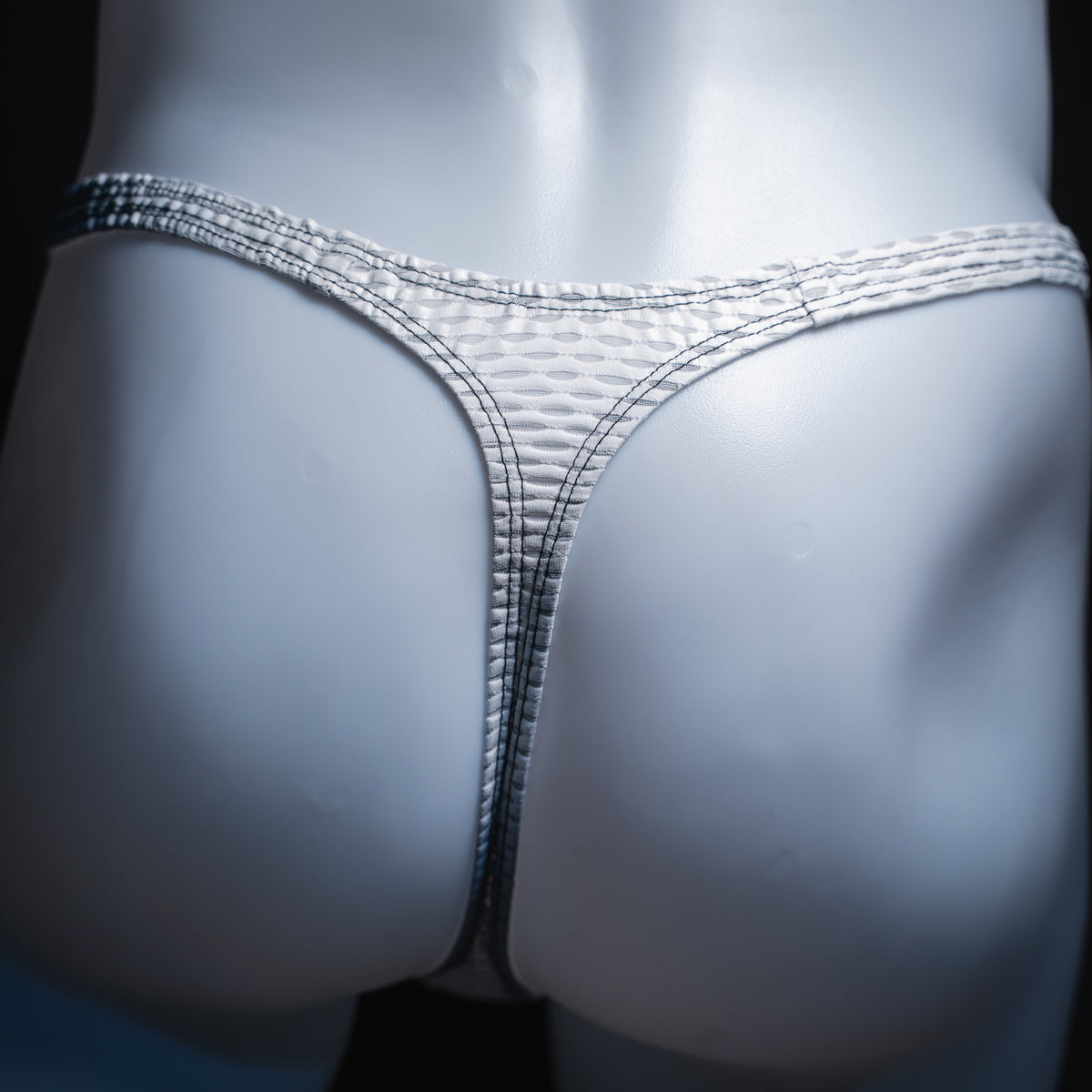 handmade mens thong underwear, white yoga mesh material, back view
