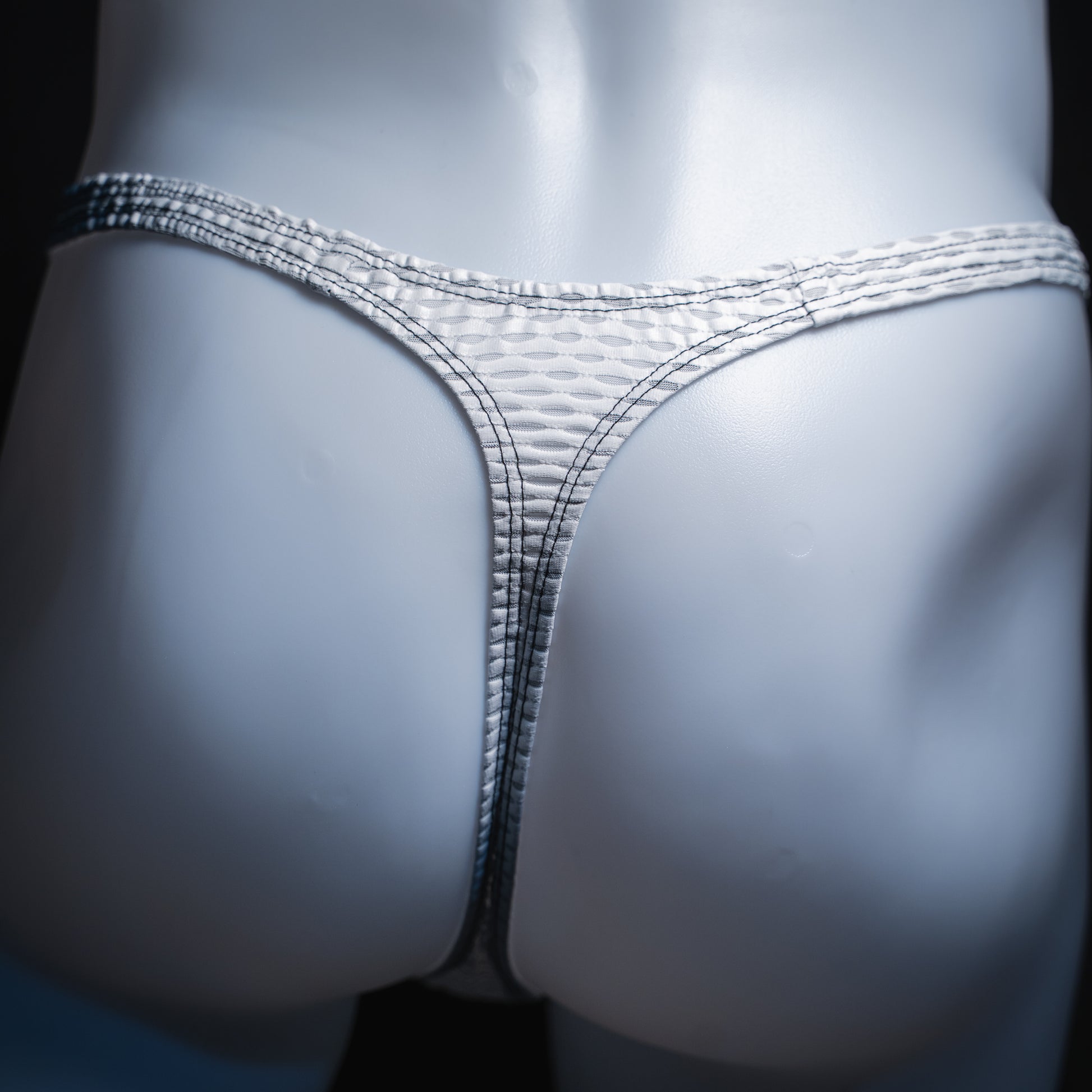 handmade mens thong underwear, white yoga mesh material, back view