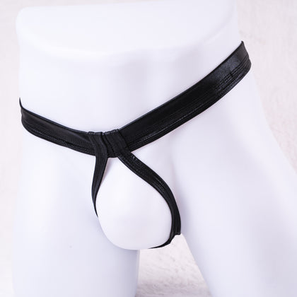 Men's pouch-less thong underwear, angled front view.