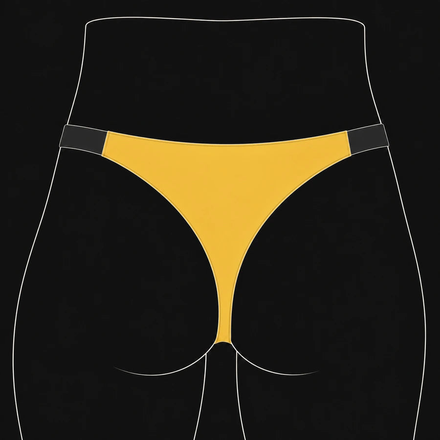Full Thong Back cut: broad gold upper panel narrowing into the center thong strap.