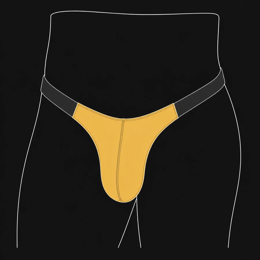 Slim front cut: gold pouch with narrower side coverage than Classic.