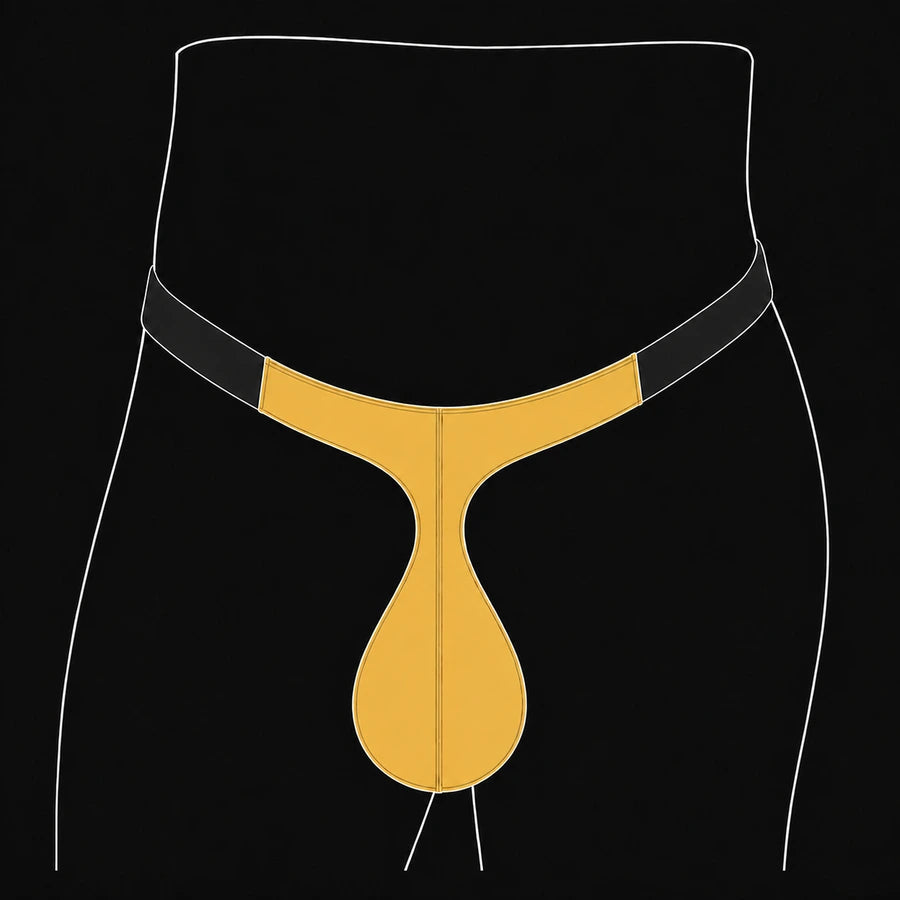 Tear Drop front cut: gold pouch with a very narrow upper-middle section and a rounded teardrop base.