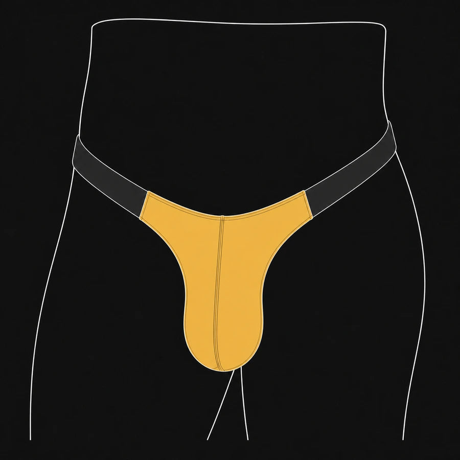 Tower front cut: gold pouch with a narrower upper section and rounded lower shape.