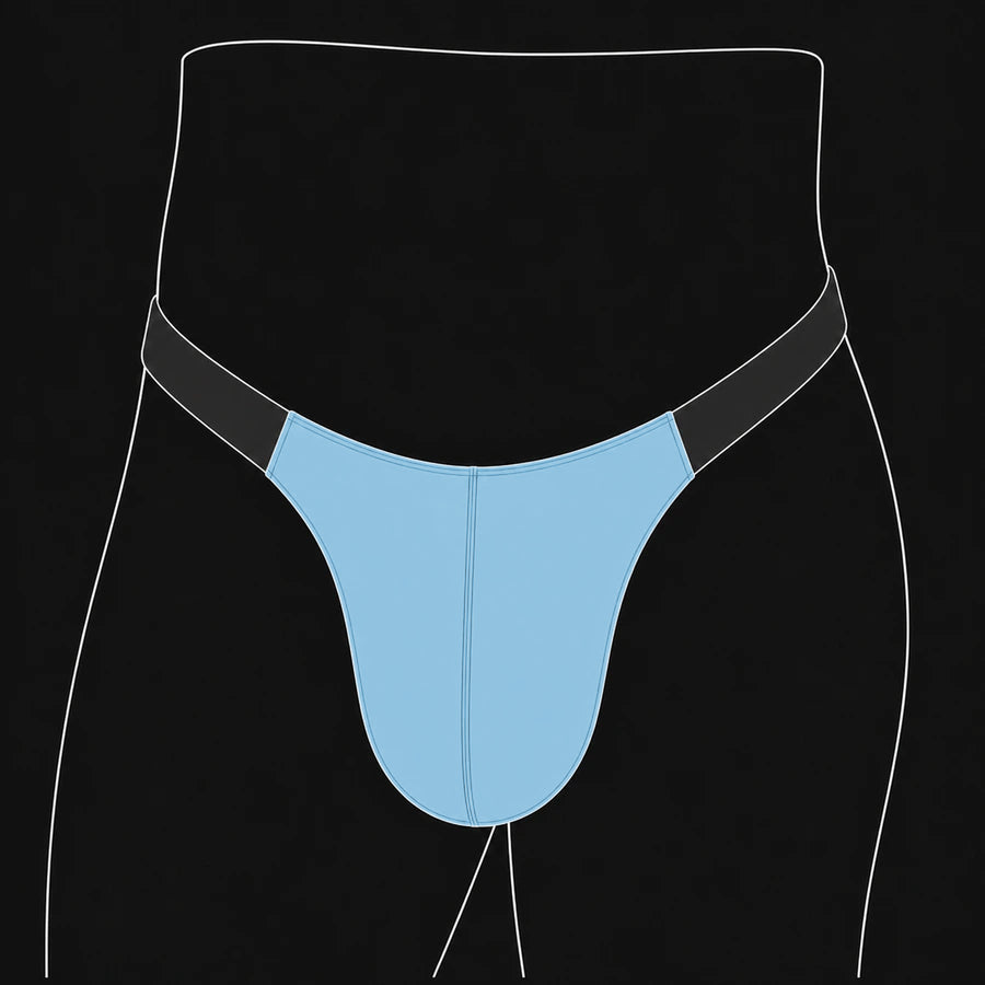 Classic front cut: broad blue pouch with the fullest coverage at the sides.