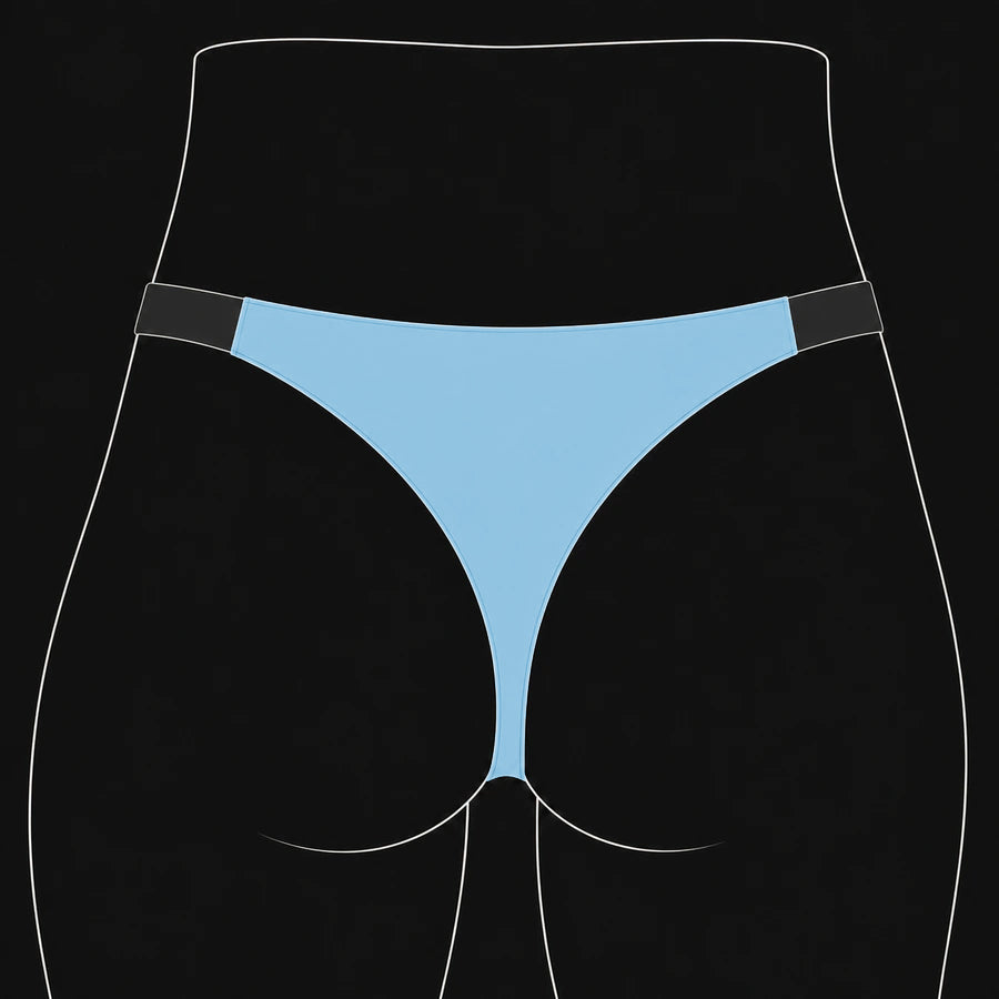 Full Thong Back cut: broad blue upper panel narrowing into the center thong strap.