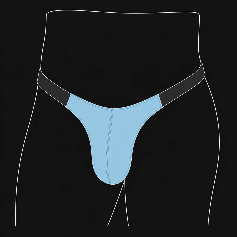 Slim front cut: blue pouch with narrower side coverage than Classic.