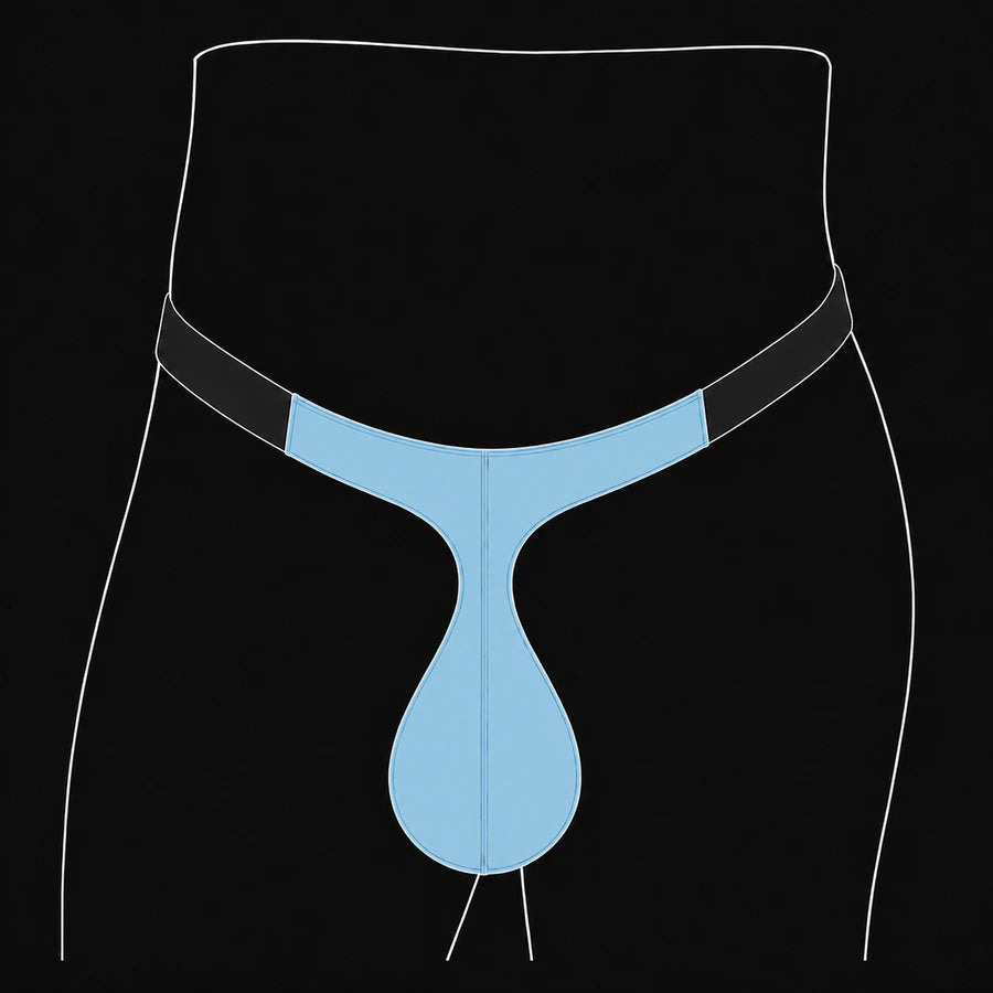 Tear Drop front cut: blue pouch with a very narrow upper-middle section and a rounded teardrop base.